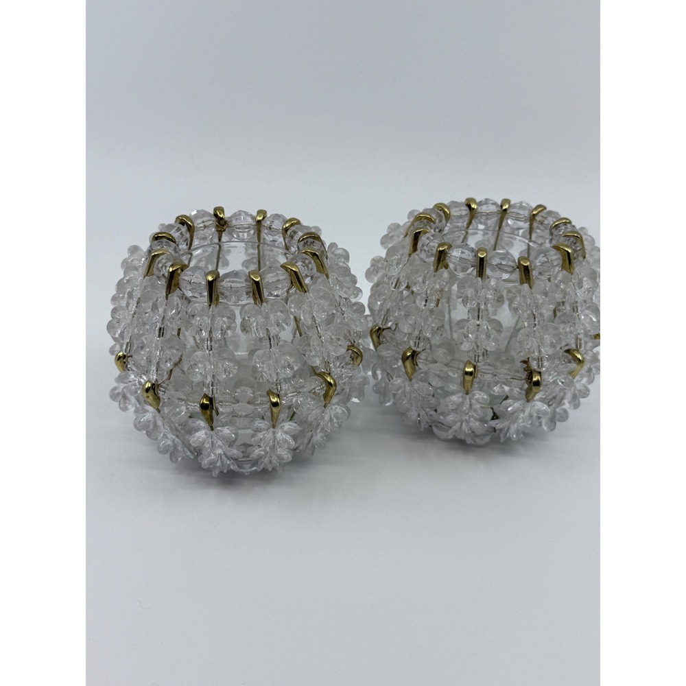 2 Safety Pin Beaded Candle Holders‎ Vintage Handmade 3.5" Tall Clear